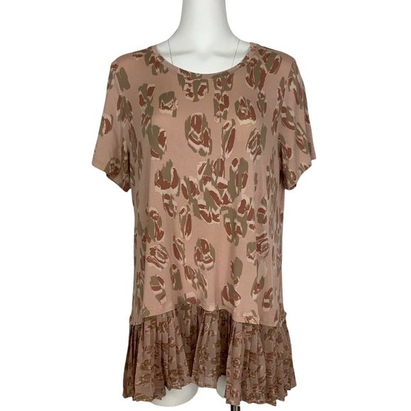 LOGO Lori Goldstein Printed Knit Top Tunic XL Pink Short Sleeve Pleated Hem